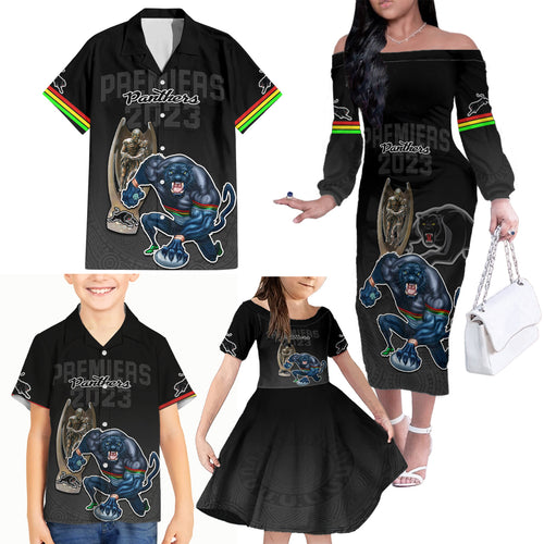 panthers-premier-2023-family-matching-off-shoulder-long-sleeve-dress-and-hawaiian-shirt-mascot-with-nrl-trophy-black-version