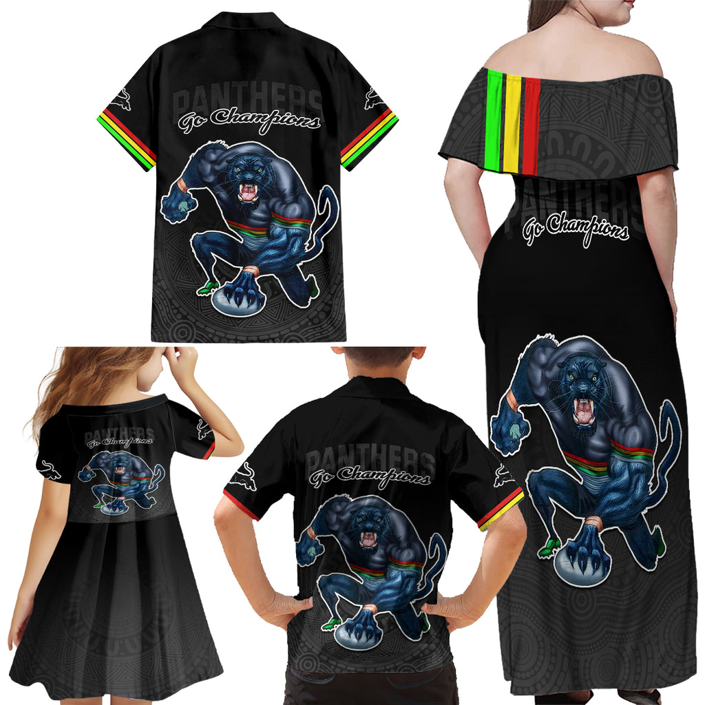panthers-premier-2023-family-matching-off-shoulder-long-sleeve-dress-and-hawaiian-shirt-mascot-with-nrl-trophy-black-version