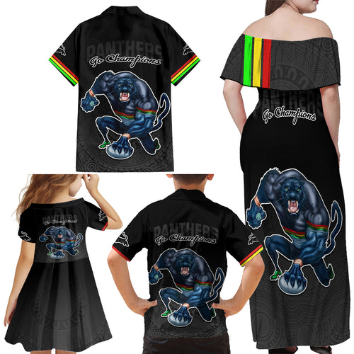 panthers-premier-2023-family-matching-off-shoulder-long-sleeve-dress-and-hawaiian-shirt-mascot-with-nrl-trophy-black-version