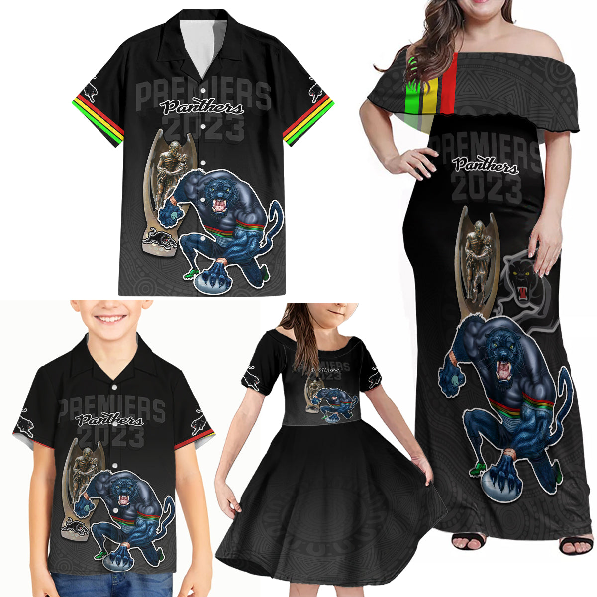 panthers-premier-2023-family-matching-off-shoulder-maxi-dress-and-hawaiian-shirt-mascot-with-nrl-trophy-black-version