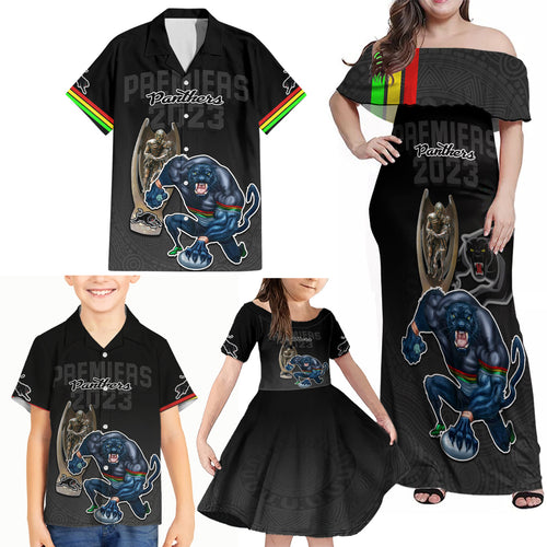 panthers-premier-2023-family-matching-off-shoulder-maxi-dress-and-hawaiian-shirt-mascot-with-nrl-trophy-black-version