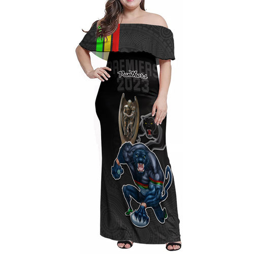 panthers-premier-2023-family-matching-off-shoulder-maxi-dress-and-hawaiian-shirt-mascot-with-nrl-trophy-black-version