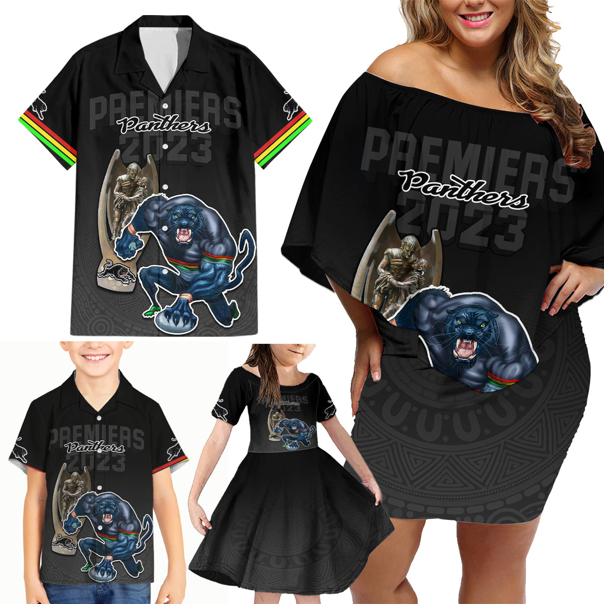 panthers-premier-2023-family-matching-off-shoulder-short-dress-and-hawaiian-shirt-mascot-with-nrl-trophy-black-version