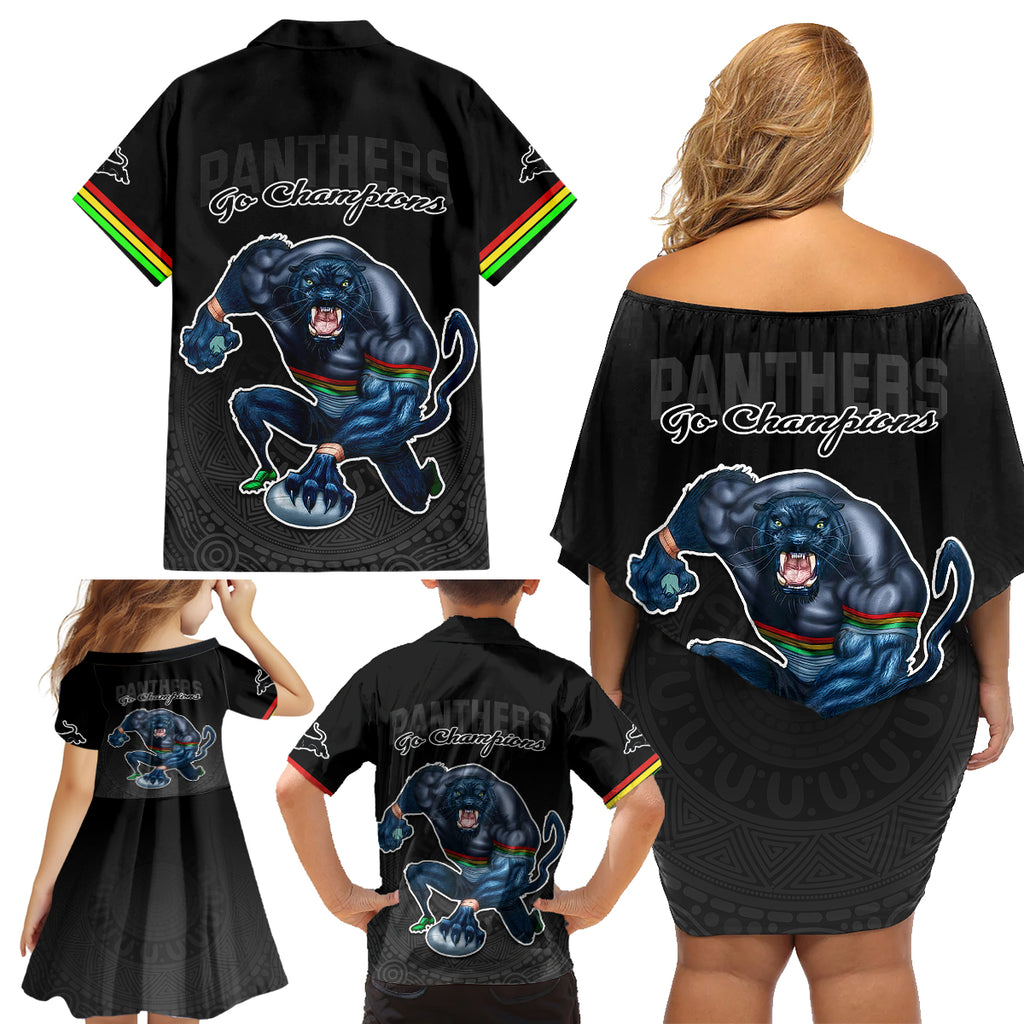 panthers-premier-2023-family-matching-off-shoulder-short-dress-and-hawaiian-shirt-mascot-with-nrl-trophy-black-version
