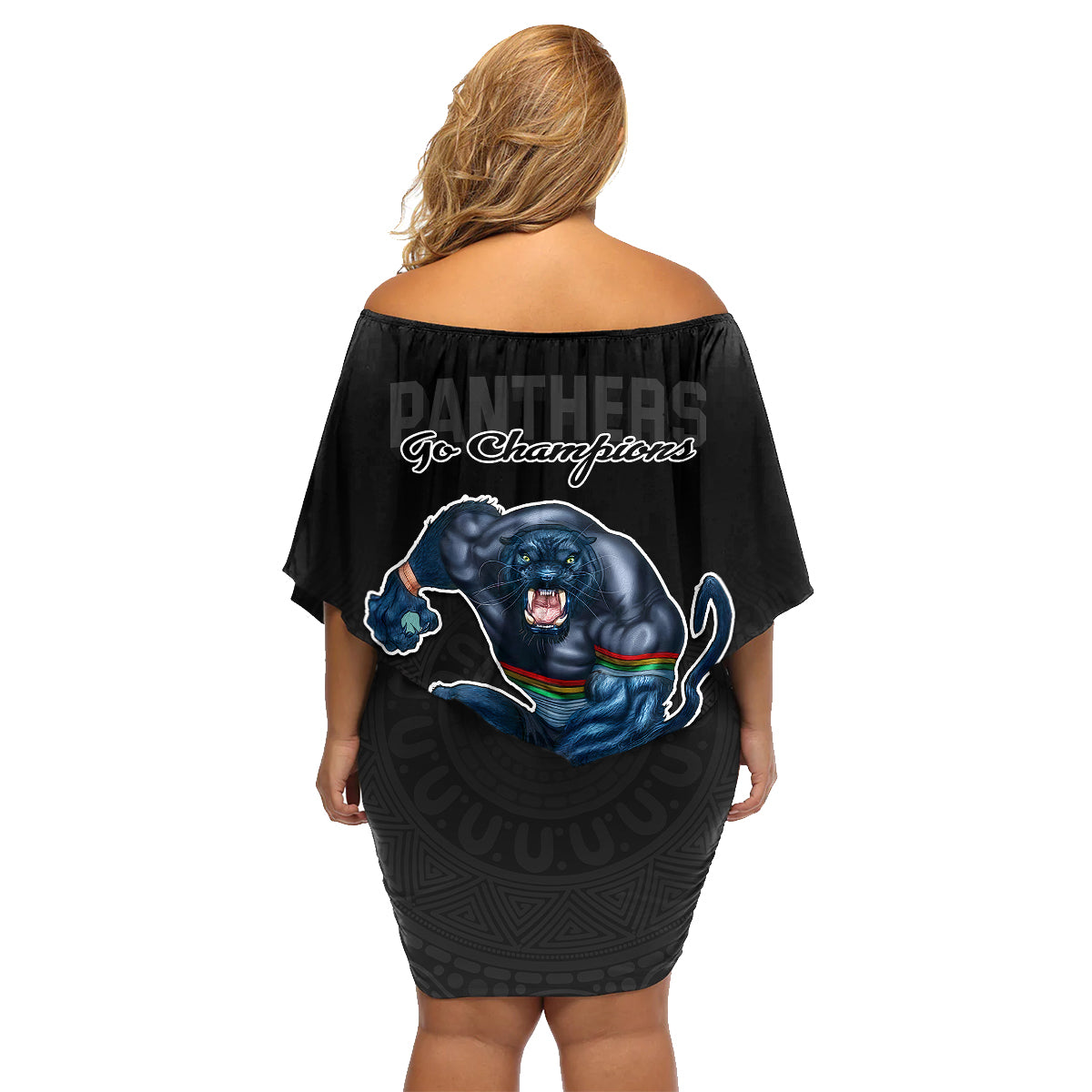 panthers-premier-2023-family-matching-off-shoulder-short-dress-and-hawaiian-shirt-mascot-with-nrl-trophy-black-version