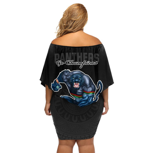 panthers-premier-2023-family-matching-off-shoulder-short-dress-and-hawaiian-shirt-mascot-with-nrl-trophy-black-version