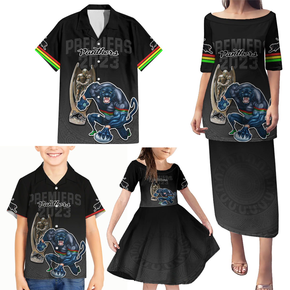 panthers-premier-2023-family-matching-puletasi-dress-and-hawaiian-shirt-mascot-with-nrl-trophy-black-version