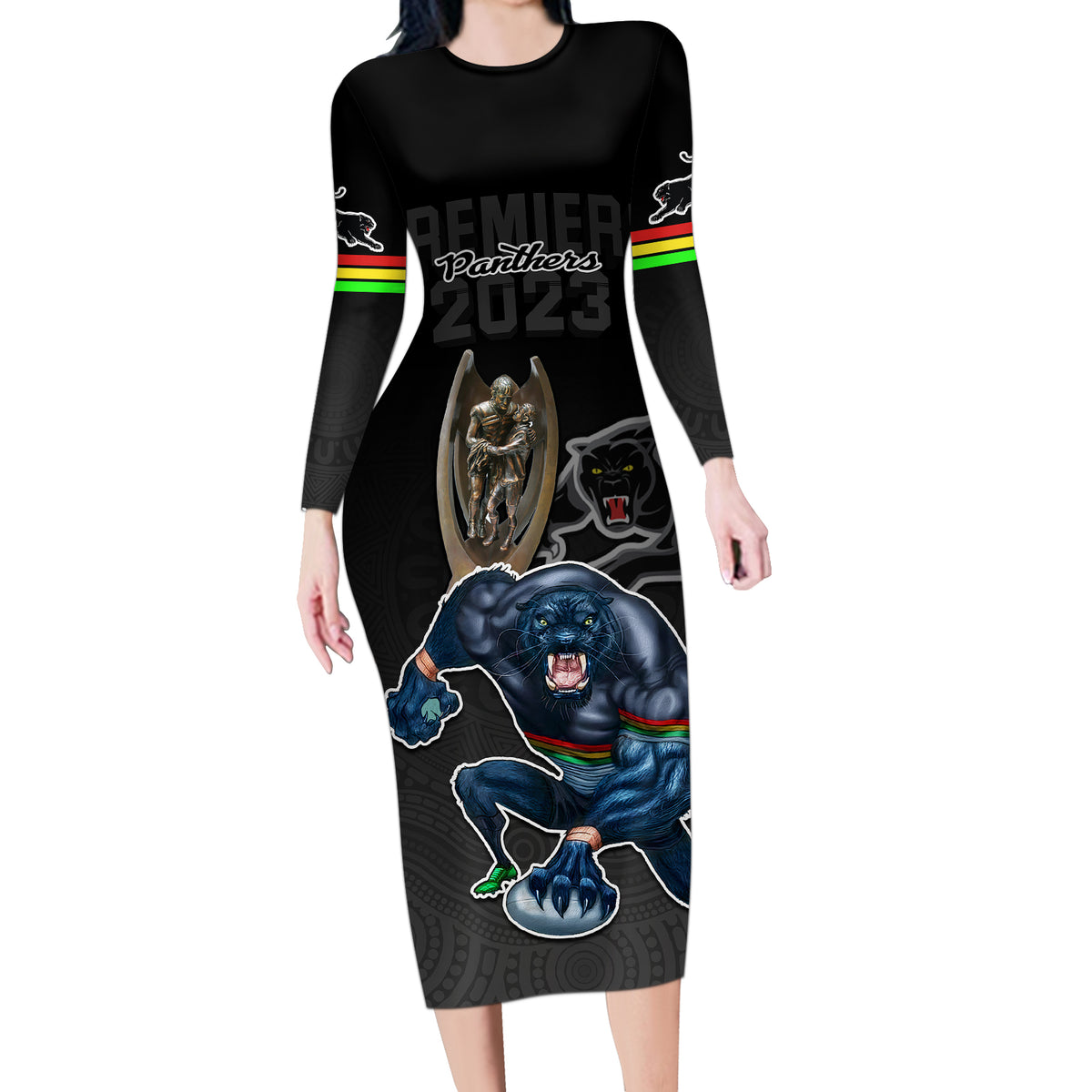 panthers-premier-2023-long-sleeve-bodycon-dress-mascot-with-nrl-trophy-black-version