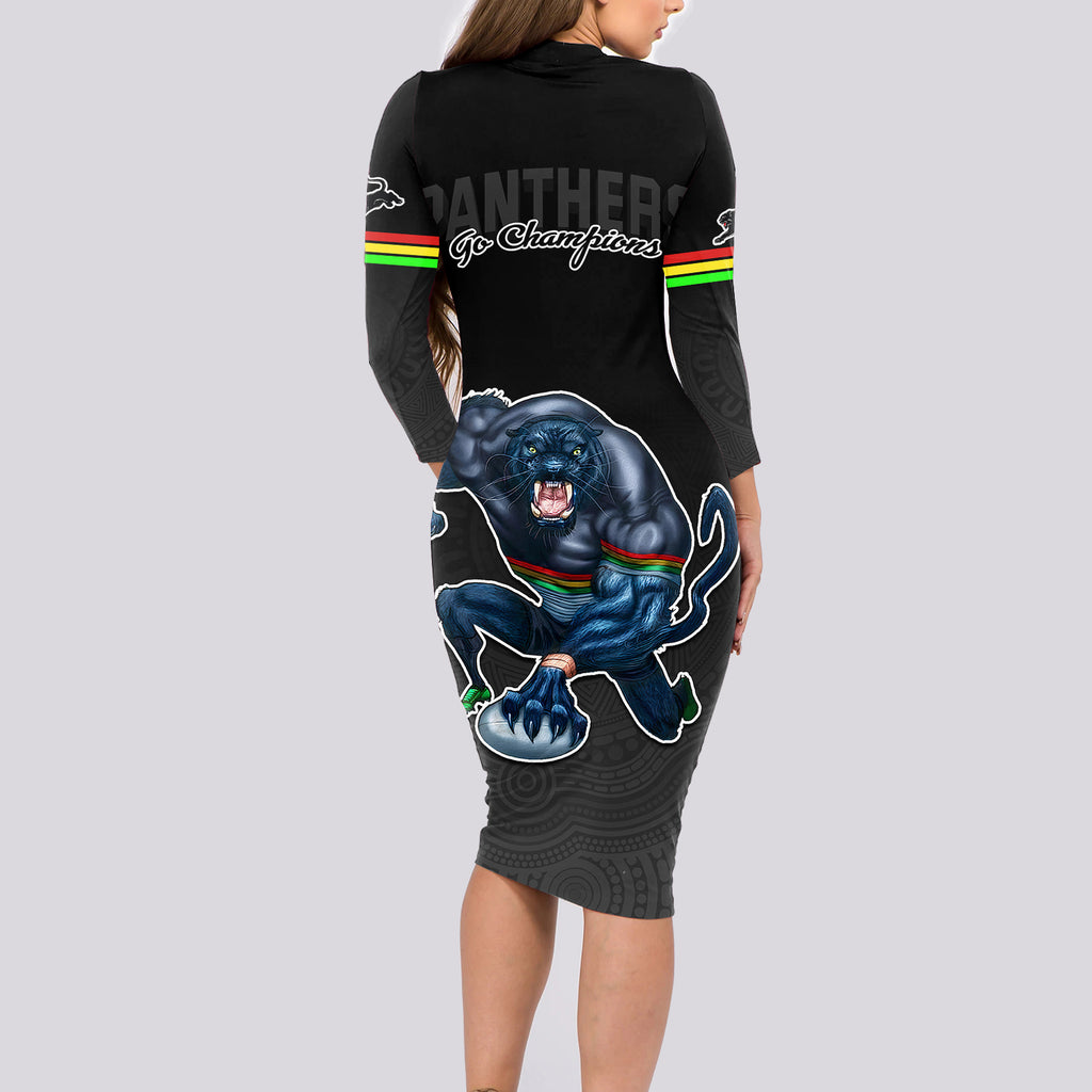 panthers-premier-2023-long-sleeve-bodycon-dress-mascot-with-nrl-trophy-black-version