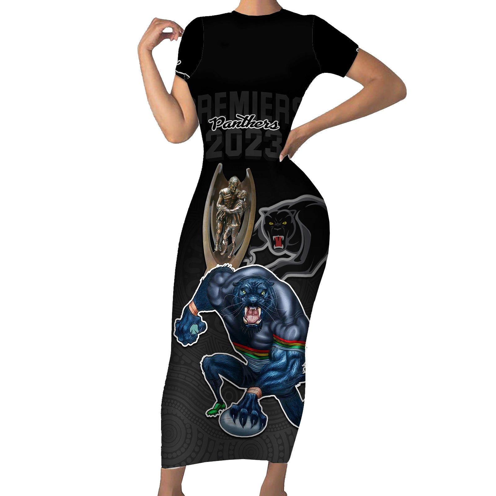 panthers-premier-2023-short-sleeve-bodycon-dress-mascot-with-nrl-trophy-black-version