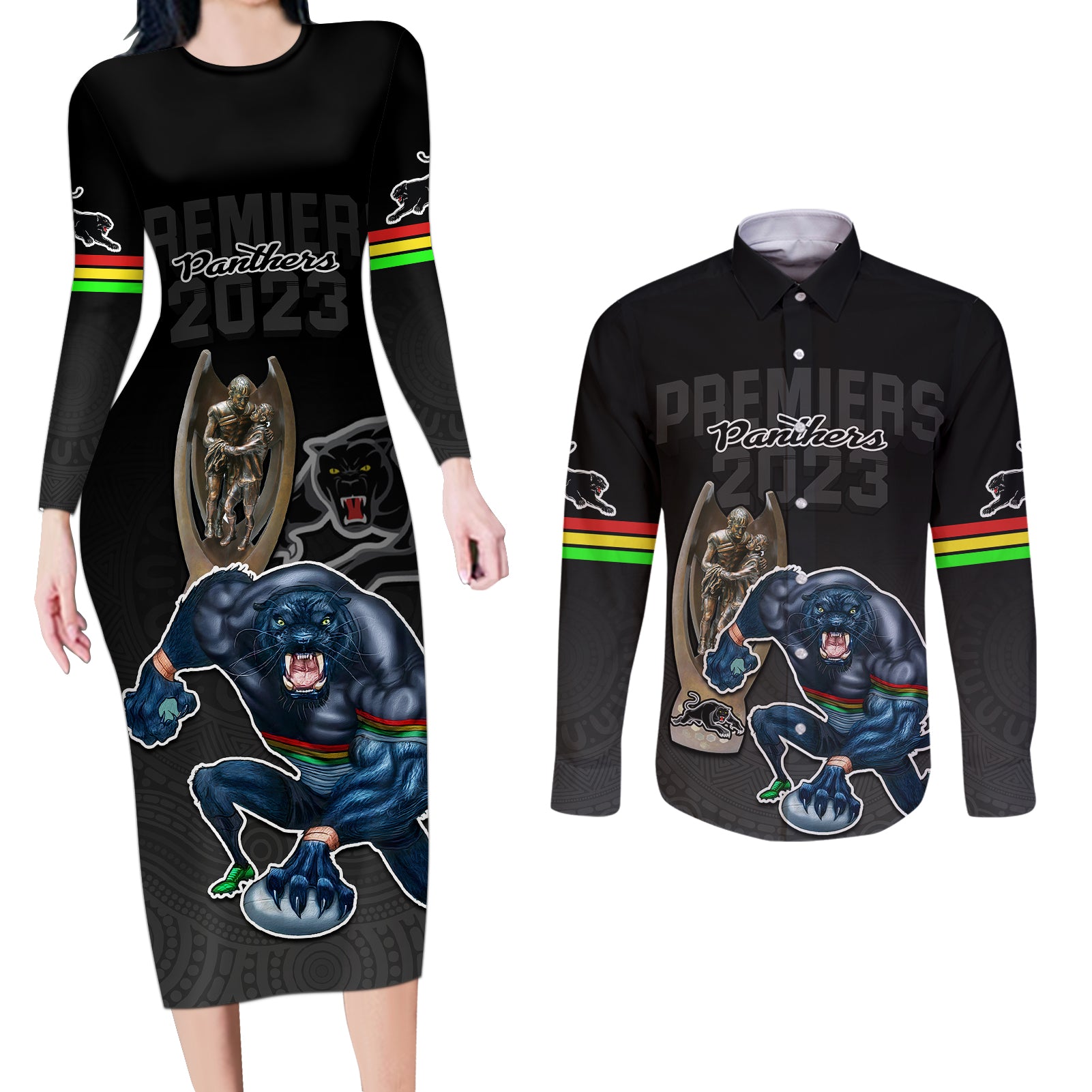 custom-panthers-premier-2023-couples-matching-long-sleeve-bodycon-dress-and-long-sleeve-button-shirts-mascot-with-nrl-trophy-black-version
