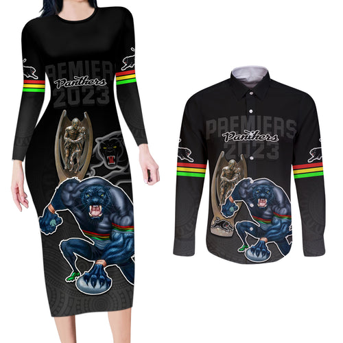 custom-panthers-premier-2023-couples-matching-long-sleeve-bodycon-dress-and-long-sleeve-button-shirts-mascot-with-nrl-trophy-black-version