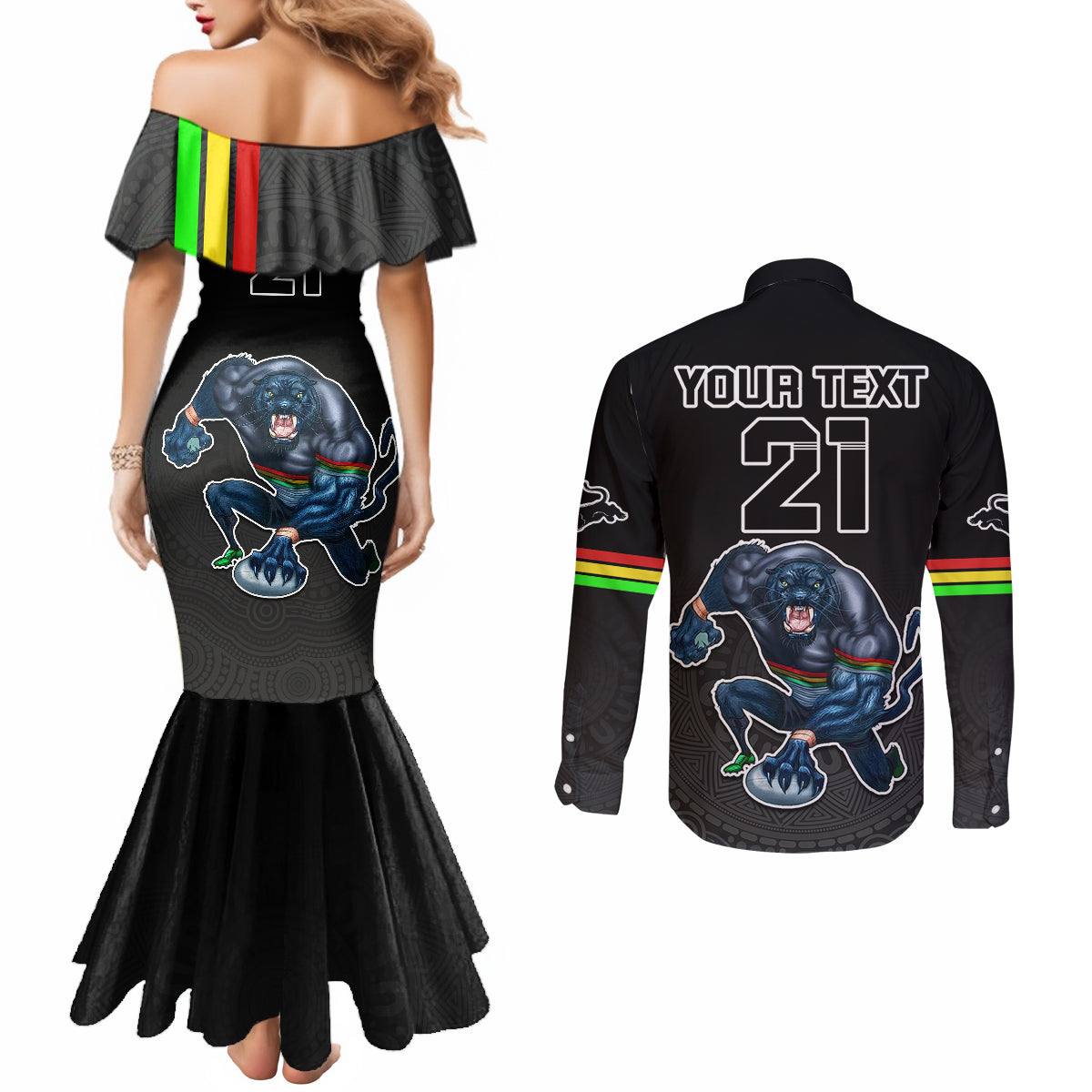 custom-panthers-premier-2023-couples-matching-mermaid-dress-and-long-sleeve-button-shirts-mascot-with-nrl-trophy-black-version