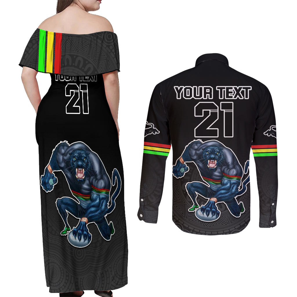 custom-panthers-premier-2023-couples-matching-off-shoulder-maxi-dress-and-long-sleeve-button-shirts-mascot-with-nrl-trophy-black-version