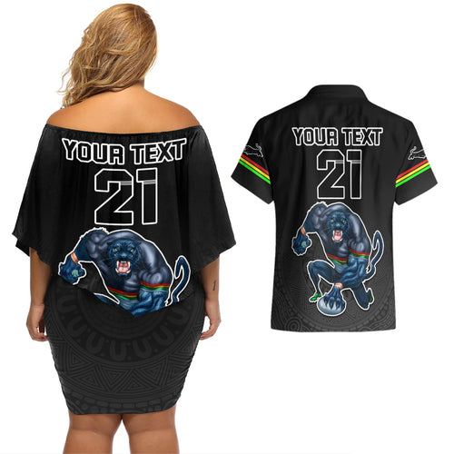 custom-panthers-premier-2023-couples-matching-off-shoulder-short-dress-and-hawaiian-shirt-mascot-with-nrl-trophy-black-version