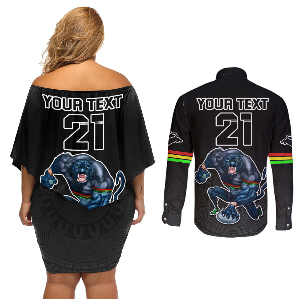 custom-panthers-premier-2023-couples-matching-off-shoulder-short-dress-and-long-sleeve-button-shirts-mascot-with-nrl-trophy-black-version