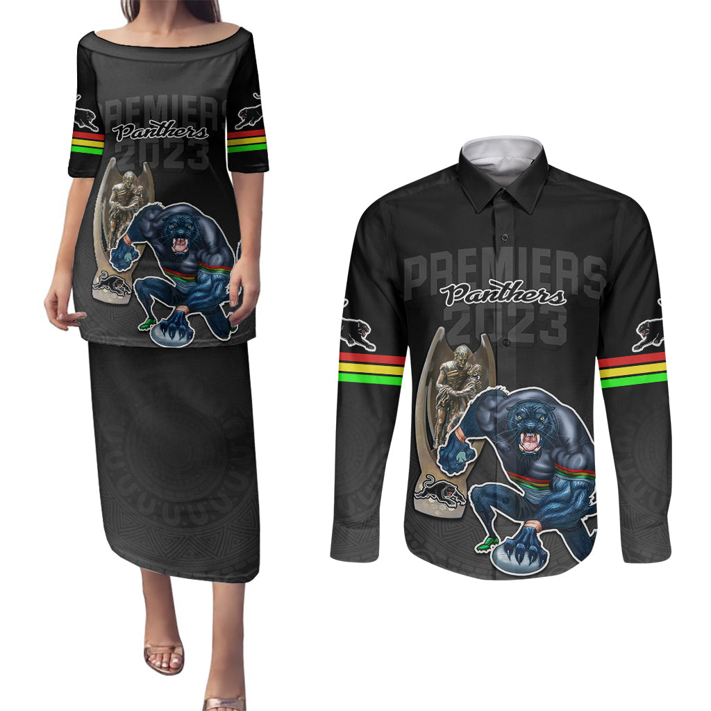 custom-panthers-premier-2023-couples-matching-puletasi-dress-and-long-sleeve-button-shirts-mascot-with-nrl-trophy-black-version