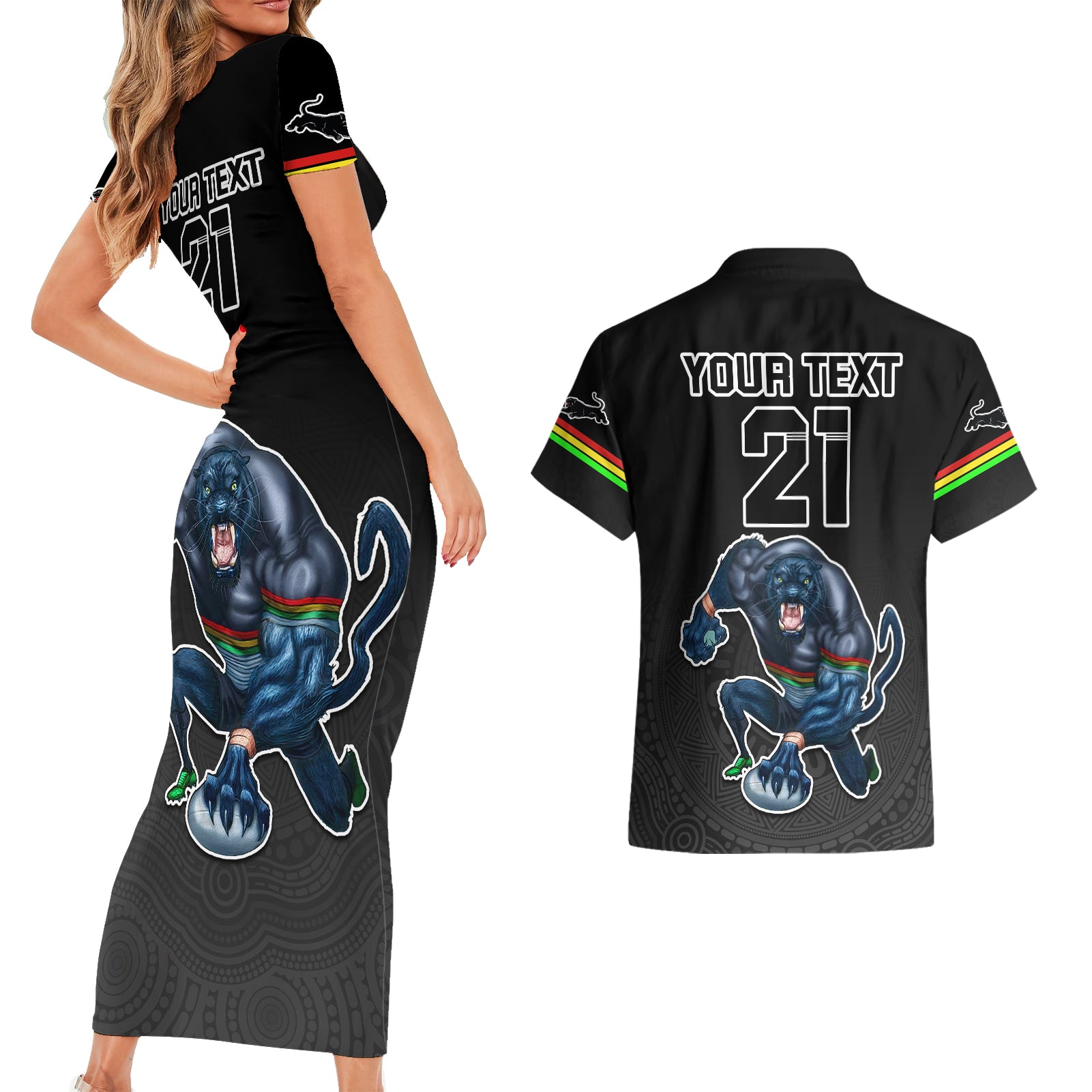 custom-panthers-premier-2023-couples-matching-short-sleeve-bodycon-dress-and-hawaiian-shirt-mascot-with-nrl-trophy-black-version
