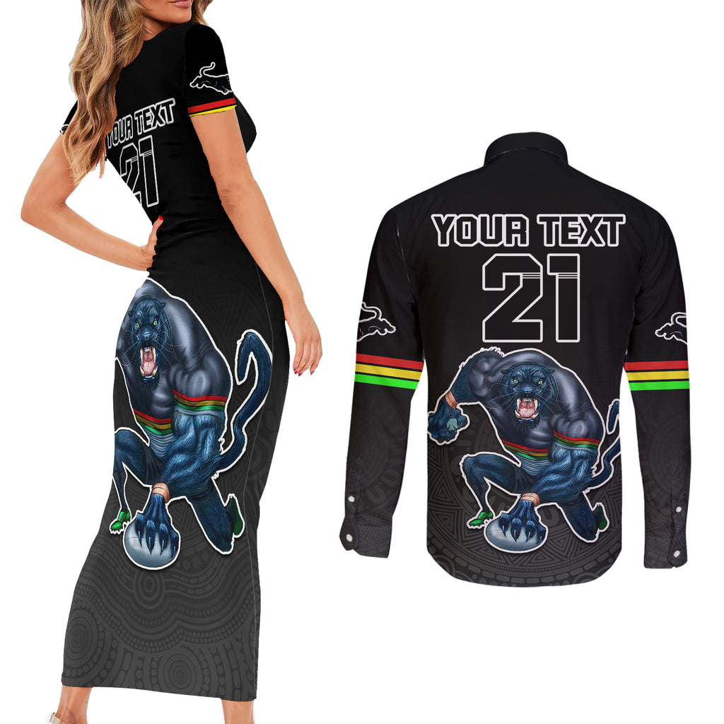 custom-panthers-premier-2023-couples-matching-short-sleeve-bodycon-dress-and-long-sleeve-button-shirts-mascot-with-nrl-trophy-black-version