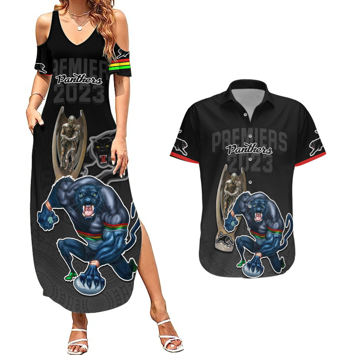 custom-panthers-premier-2023-couples-matching-summer-maxi-dress-and-hawaiian-shirt-mascot-with-nrl-trophy-black-version