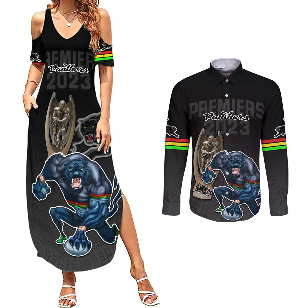 custom-panthers-premier-2023-couples-matching-summer-maxi-dress-and-long-sleeve-button-shirts-mascot-with-nrl-trophy-black-version
