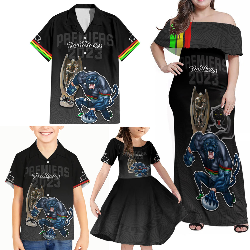 custom-panthers-premier-2023-family-matching-off-shoulder-maxi-dress-and-hawaiian-shirt-mascot-with-nrl-trophy-black-version