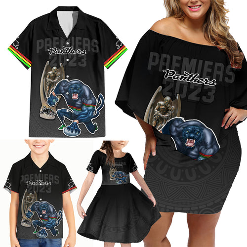 custom-panthers-premier-2023-family-matching-off-shoulder-short-dress-and-hawaiian-shirt-mascot-with-nrl-trophy-black-version