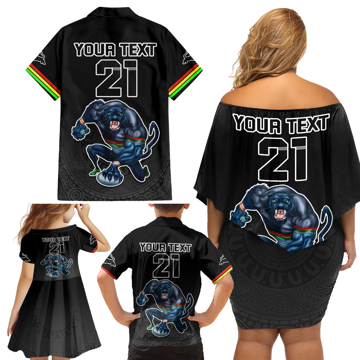 custom-panthers-premier-2023-family-matching-off-shoulder-short-dress-and-hawaiian-shirt-mascot-with-nrl-trophy-black-version