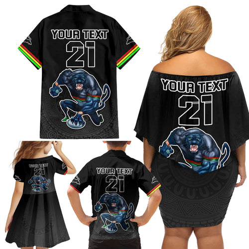 custom-panthers-premier-2023-family-matching-off-shoulder-short-dress-and-hawaiian-shirt-mascot-with-nrl-trophy-black-version