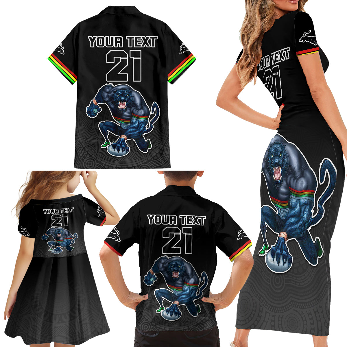 custom-panthers-premier-2023-family-matching-short-sleeve-bodycon-dress-and-hawaiian-shirt-mascot-with-nrl-trophy-black-version