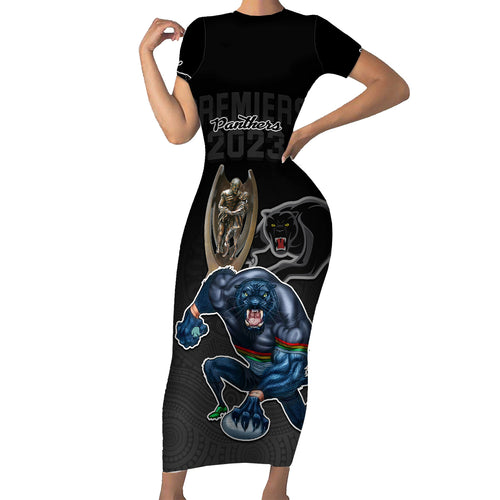 custom-panthers-premier-2023-family-matching-short-sleeve-bodycon-dress-and-hawaiian-shirt-mascot-with-nrl-trophy-black-version