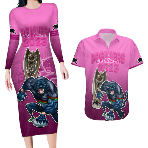 panthers-premier-2024-couples-matching-long-sleeve-bodycon-dress-and-hawaiian-shirt-mascot-with-nrl-trophy-pink-version