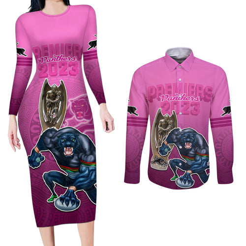 panthers-premier-2024-couples-matching-long-sleeve-bodycon-dress-and-long-sleeve-button-shirts-mascot-with-nrl-trophy-pink-version