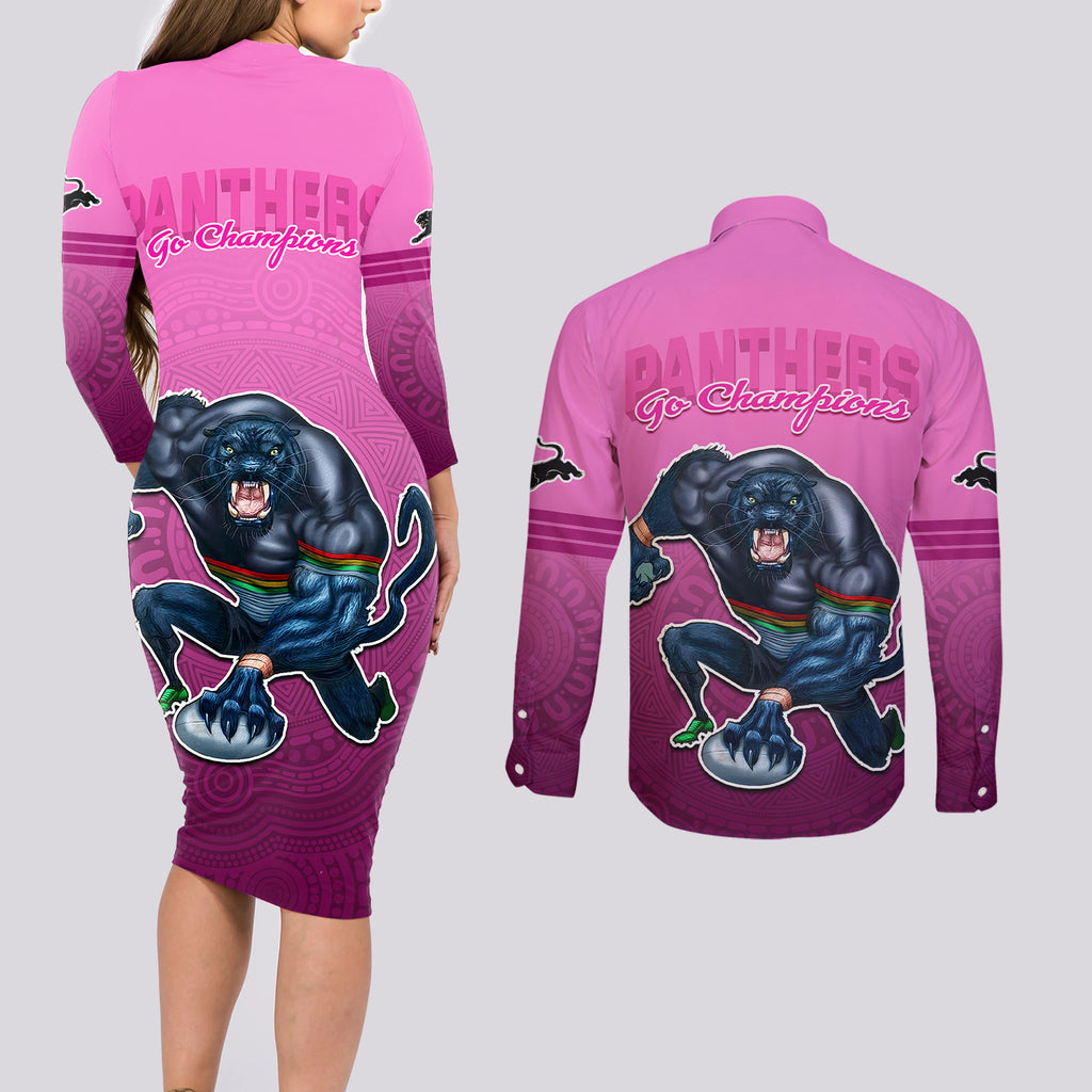 panthers-premier-2024-couples-matching-long-sleeve-bodycon-dress-and-long-sleeve-button-shirts-mascot-with-nrl-trophy-pink-version