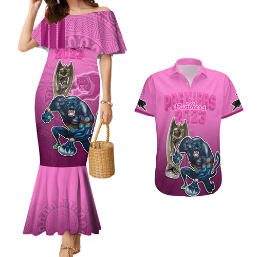 panthers-premier-2024-couples-matching-mermaid-dress-and-hawaiian-shirt-mascot-with-nrl-trophy-pink-version