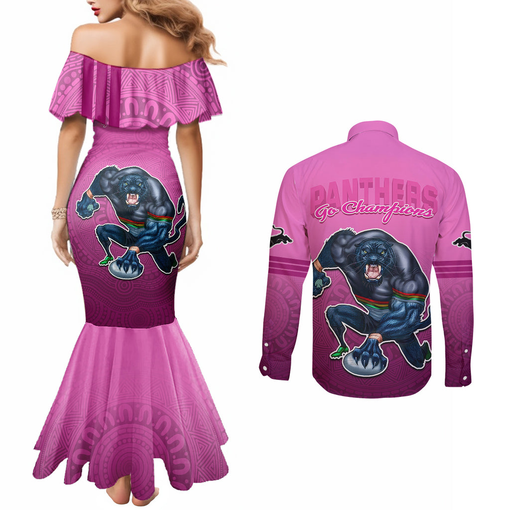 panthers-premier-2024-couples-matching-mermaid-dress-and-long-sleeve-button-shirts-mascot-with-nrl-trophy-pink-version