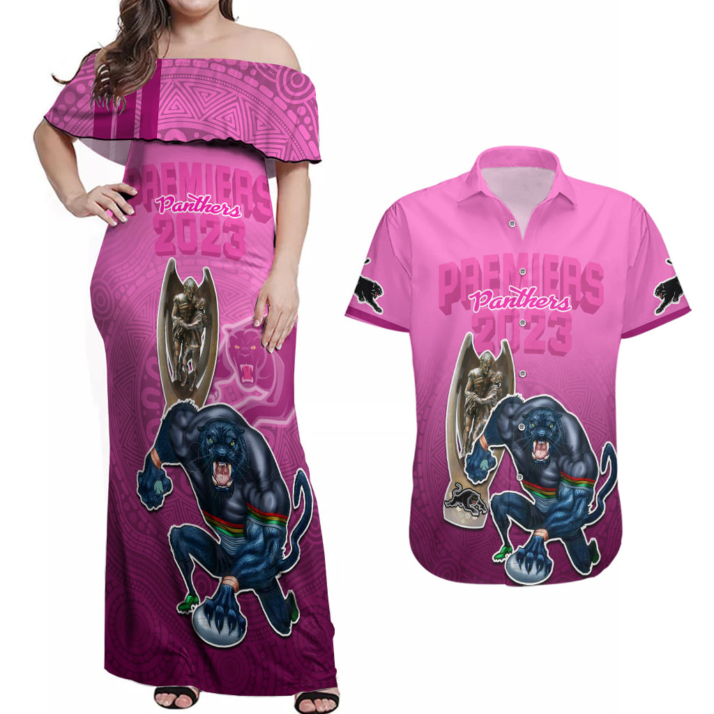 panthers-premier-2024-couples-matching-off-shoulder-maxi-dress-and-hawaiian-shirt-mascot-with-nrl-trophy-pink-version