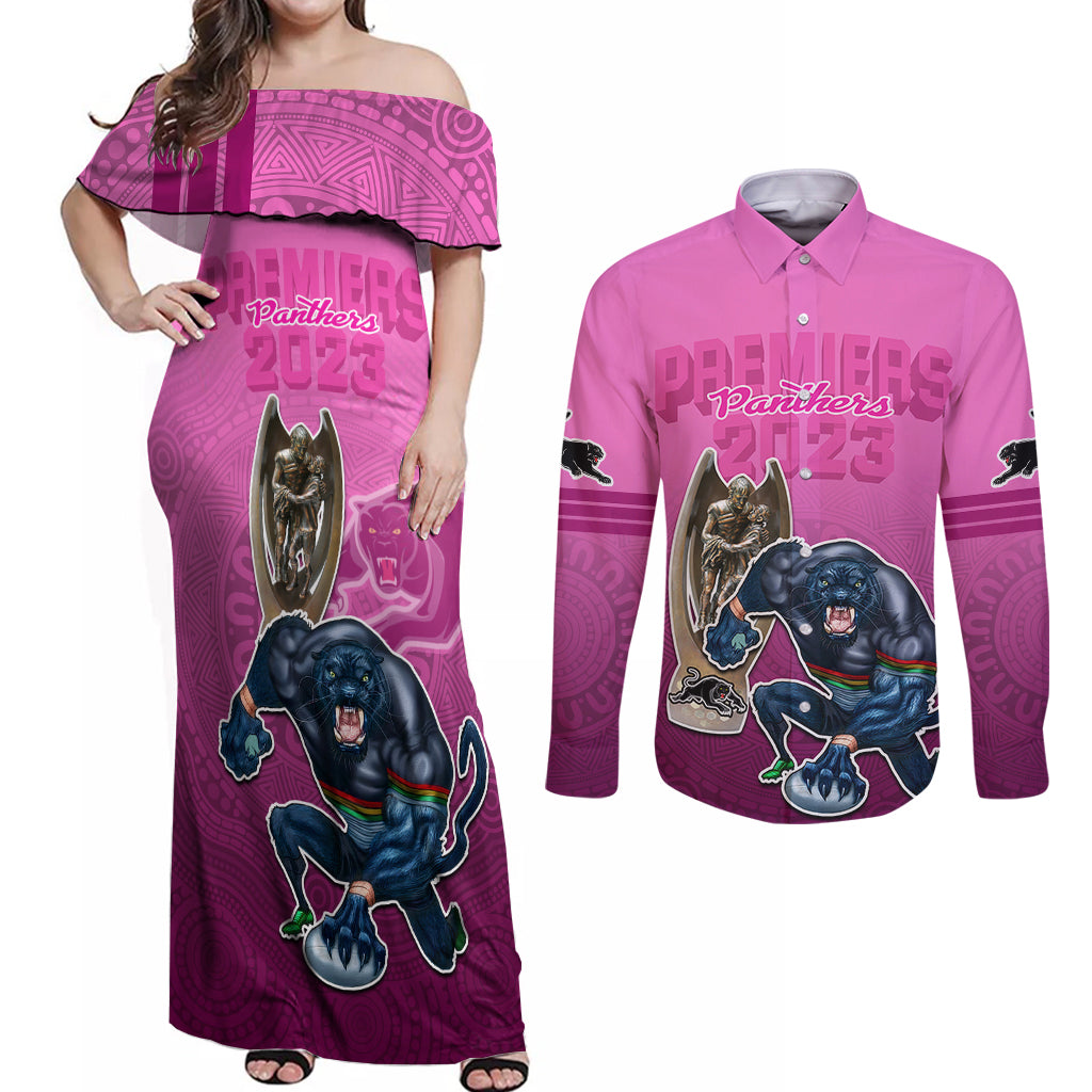 panthers-premier-2024-couples-matching-off-shoulder-maxi-dress-and-long-sleeve-button-shirts-mascot-with-nrl-trophy-pink-version