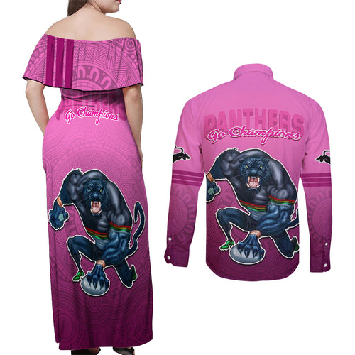 panthers-premier-2024-couples-matching-off-shoulder-maxi-dress-and-long-sleeve-button-shirts-mascot-with-nrl-trophy-pink-version