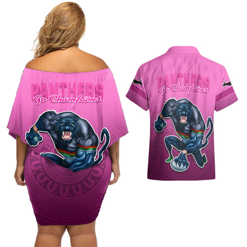 panthers-premier-2024-couples-matching-off-shoulder-short-dress-and-hawaiian-shirt-mascot-with-nrl-trophy-pink-version