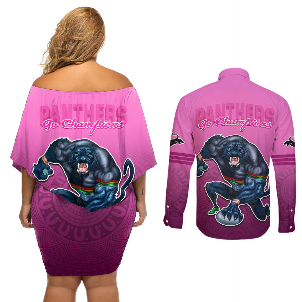panthers-premier-2024-couples-matching-off-shoulder-short-dress-and-long-sleeve-button-shirts-mascot-with-nrl-trophy-pink-version
