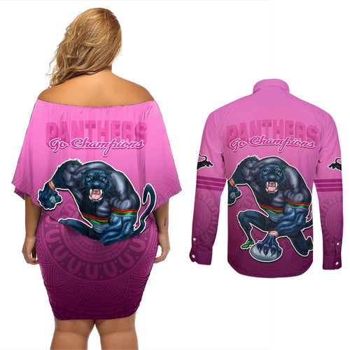 panthers-premier-2024-couples-matching-off-shoulder-short-dress-and-long-sleeve-button-shirts-mascot-with-nrl-trophy-pink-version