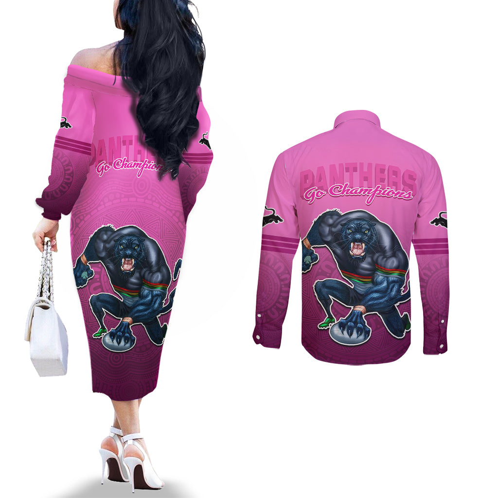panthers-premier-2024-couples-matching-off-the-shoulder-long-sleeve-dress-and-long-sleeve-button-shirts-mascot-with-nrl-trophy-pink-version