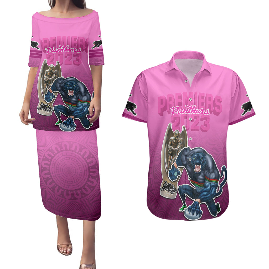 panthers-premier-2024-couples-matching-puletasi-dress-and-hawaiian-shirt-mascot-with-nrl-trophy-pink-version