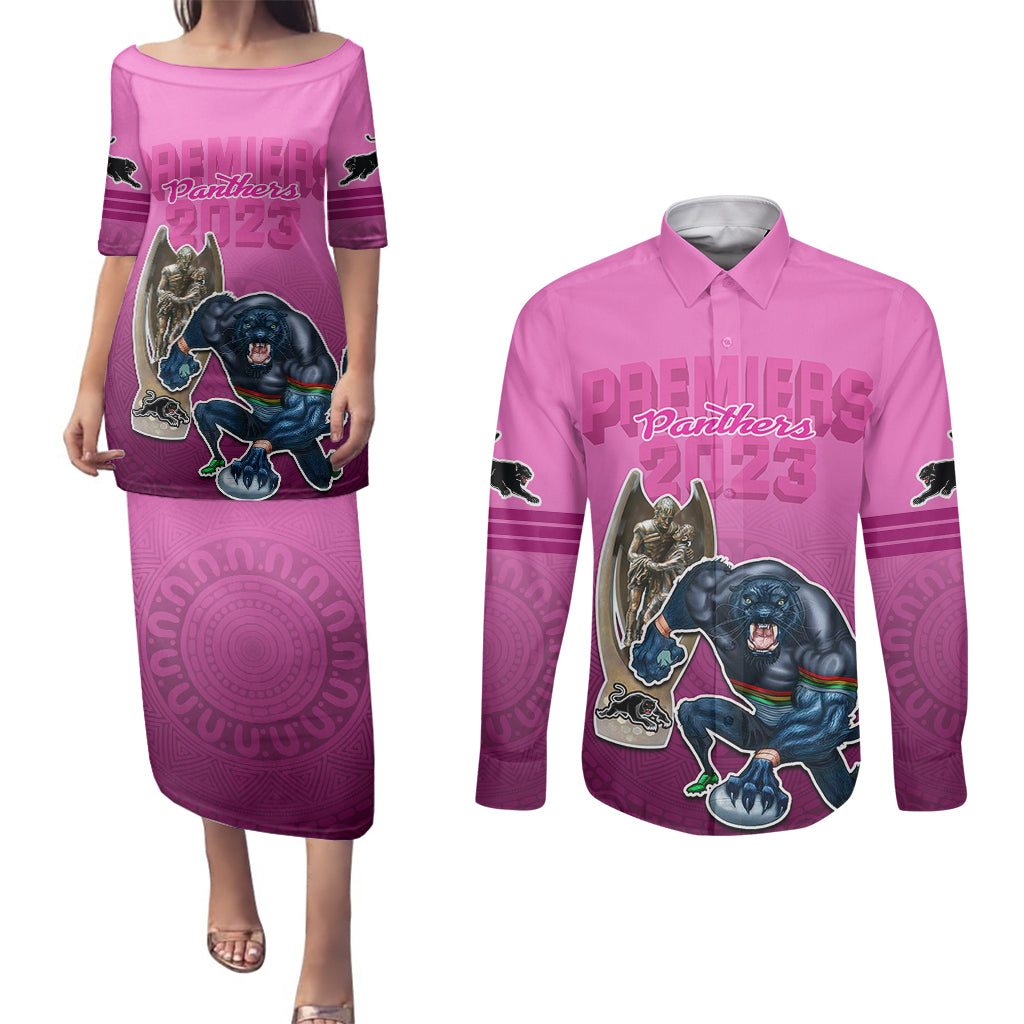 panthers-premier-2024-couples-matching-puletasi-dress-and-long-sleeve-button-shirts-mascot-with-nrl-trophy-pink-version