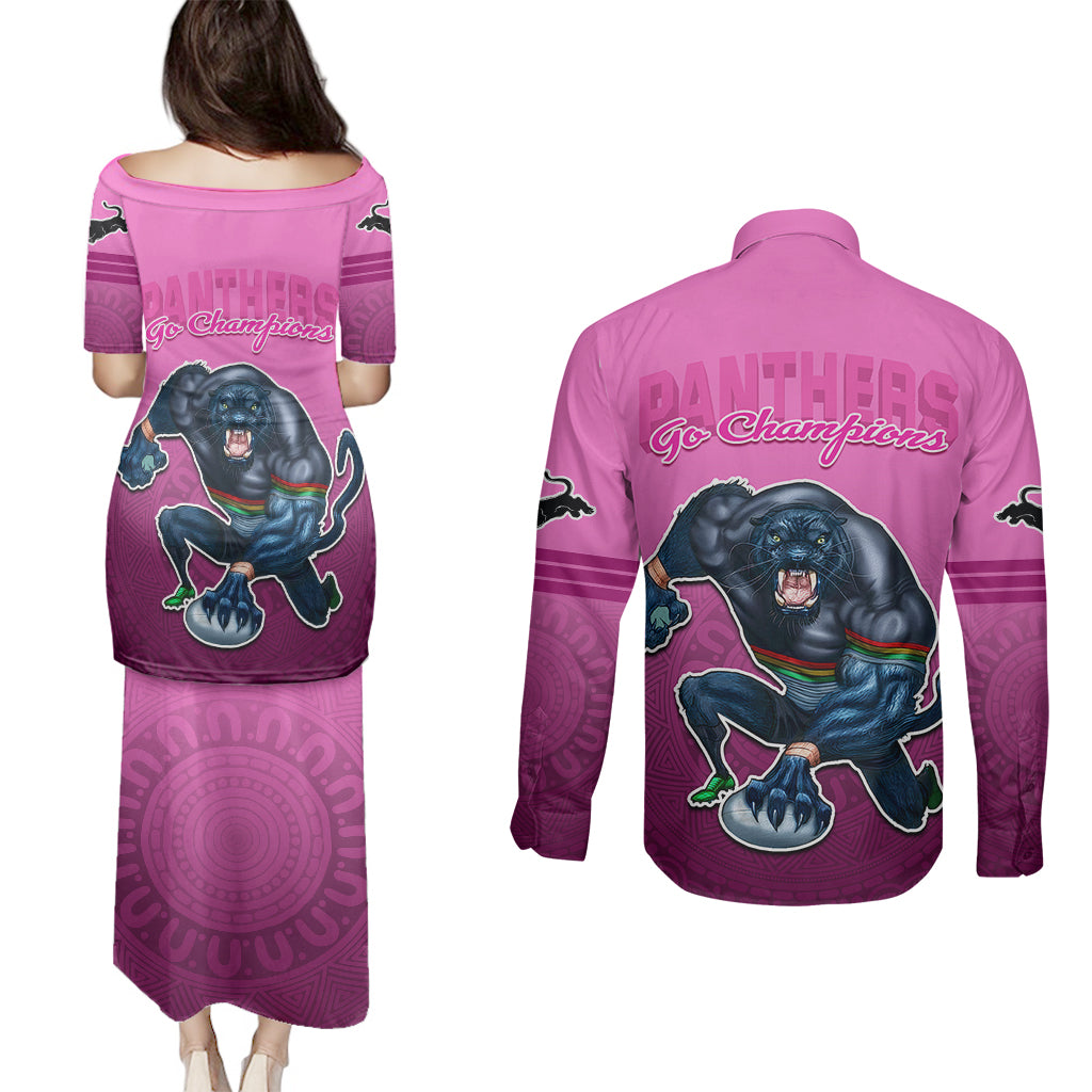 panthers-premier-2024-couples-matching-puletasi-dress-and-long-sleeve-button-shirts-mascot-with-nrl-trophy-pink-version