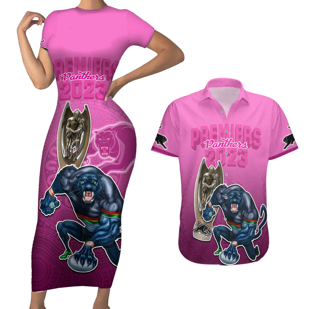 panthers-premier-2024-couples-matching-short-sleeve-bodycon-dress-and-hawaiian-shirt-mascot-with-nrl-trophy-pink-version