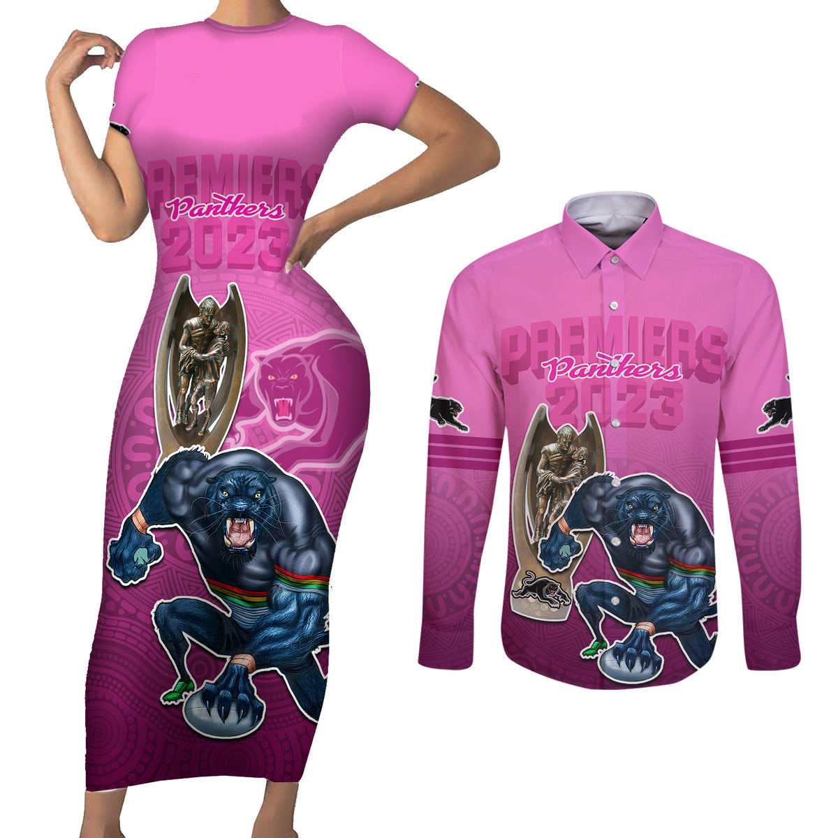 panthers-premier-2024-couples-matching-short-sleeve-bodycon-dress-and-long-sleeve-button-shirts-mascot-with-nrl-trophy-pink-version