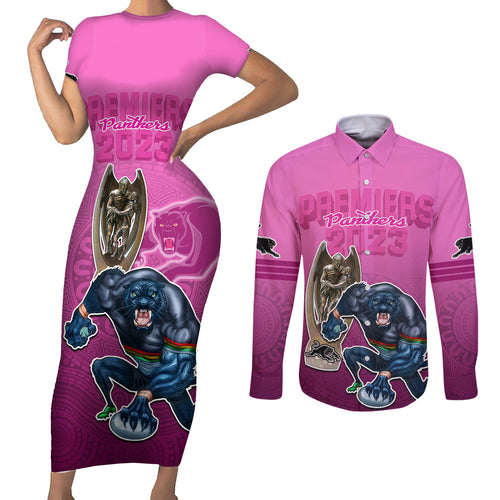 panthers-premier-2024-couples-matching-short-sleeve-bodycon-dress-and-long-sleeve-button-shirts-mascot-with-nrl-trophy-pink-version