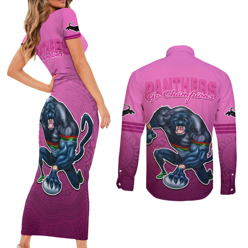 panthers-premier-2024-couples-matching-short-sleeve-bodycon-dress-and-long-sleeve-button-shirts-mascot-with-nrl-trophy-pink-version